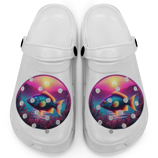 Synthwave Fish and Coral and a Sunset and Ocean Clogs