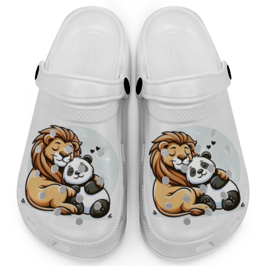 Cuddling Lion And Panda In Love Clogs