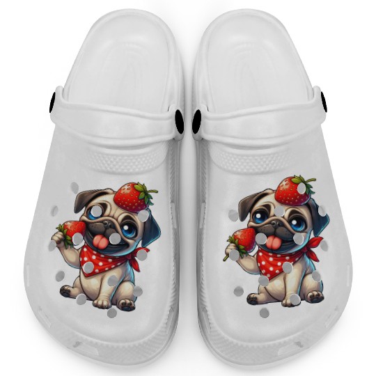 Quirky Dog Pug with Strawberry on Head Fruity Clogs