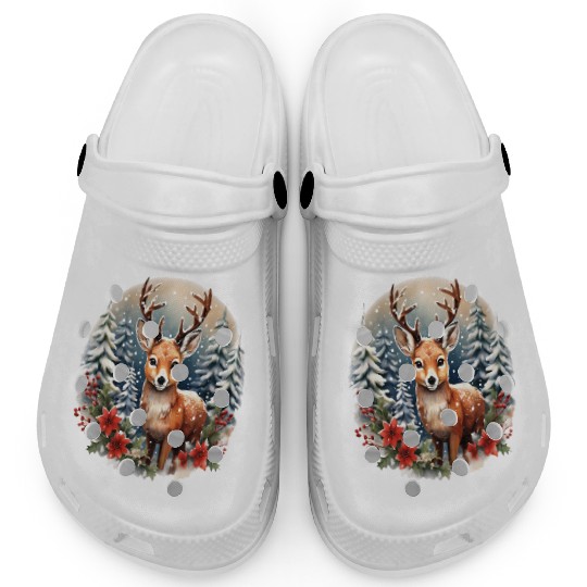 Christmas Deer with Poinsettia and Snow Clogs