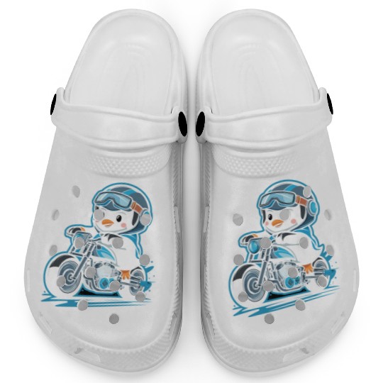 Penguin Riding Motorcycle With Goggles On Clogs