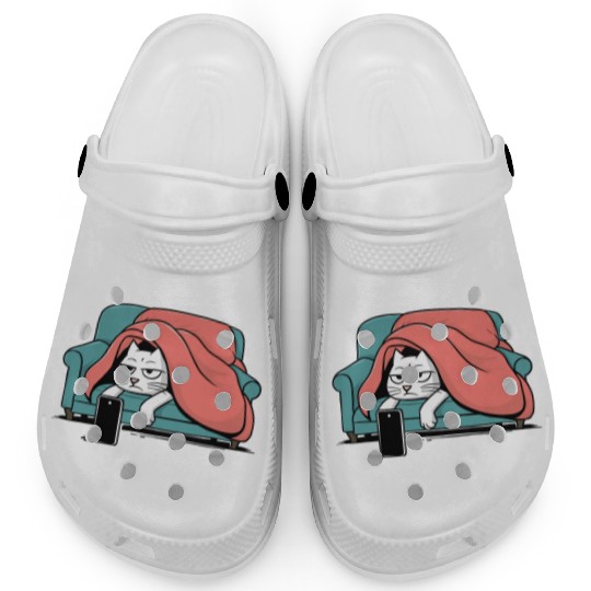 Bored Cat on Couch With Smart Phone Clogs