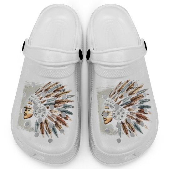 Aztec Warrior Mask with Tribal Art and Ancient Clogs