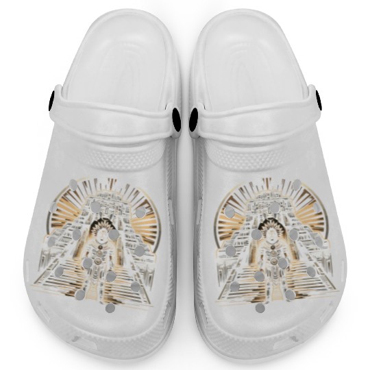 Aztec Warrior Mask with Tribal Art and Ancient Clogs