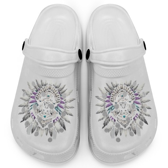 Aztec Warrior Mask with Tribal Art and Ancient Clogs