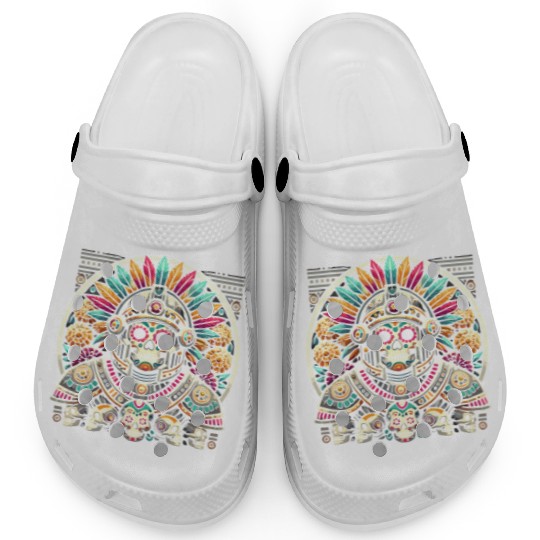 Aztec Warrior Mask with Tribal Art and Ancient Clogs