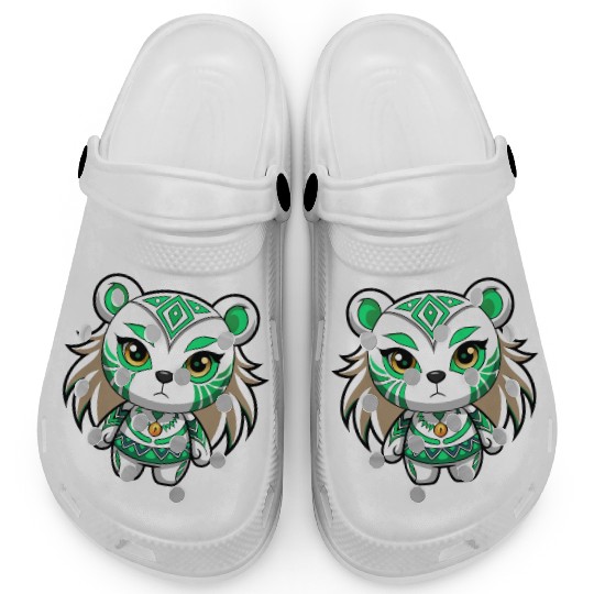 A white teddy bear girl with green tribal makeup Clogs