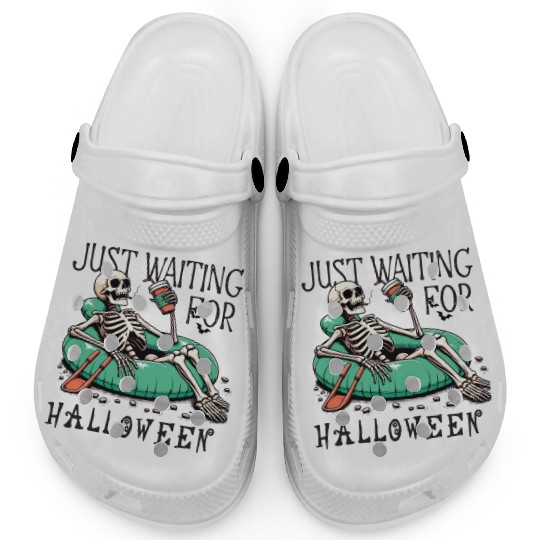 Waiting for halloween saying skeleton at pool Clogs