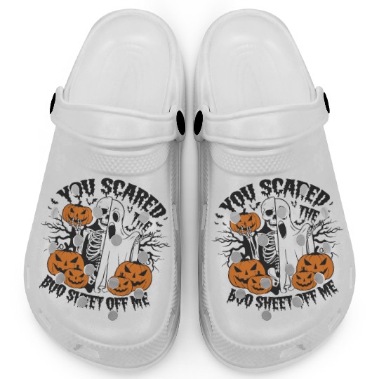 A skeleton with a Halloween costume on it Clogs