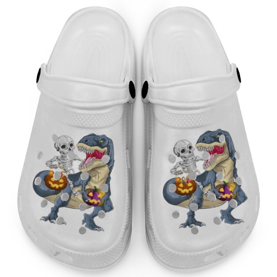 Skeleton Riding Dinosaur T rex Halloween Pumpkin Clogs