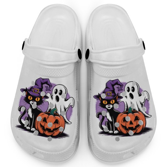 Spooky Black Cat Pumpkin boo ghost Halloween Clogs