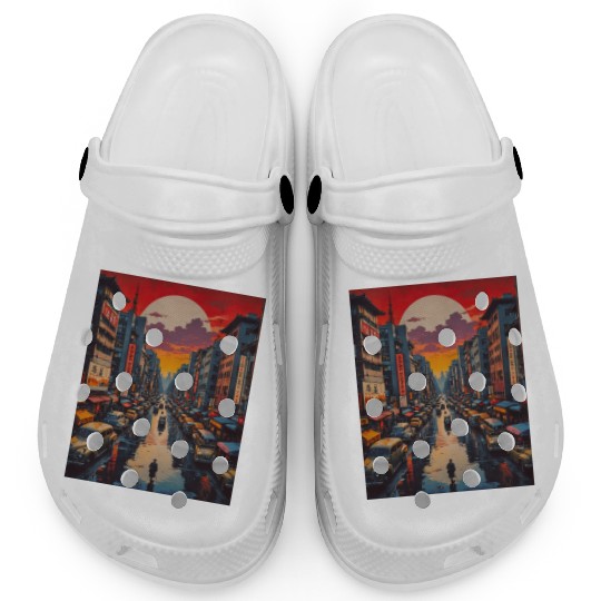 Twilight Reflections in Neon City Clogs