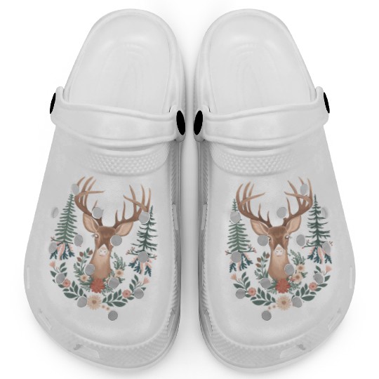 Cottagecore Deer with Floral Wreath and Evergreen Clogs