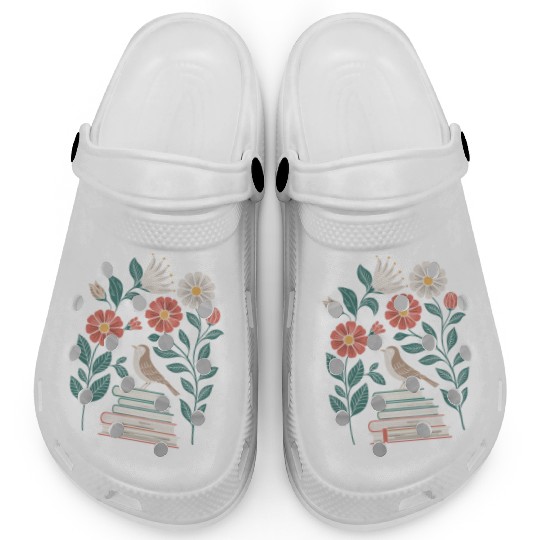 Cottagecore Bird on Books with Flowers Delight Clogs