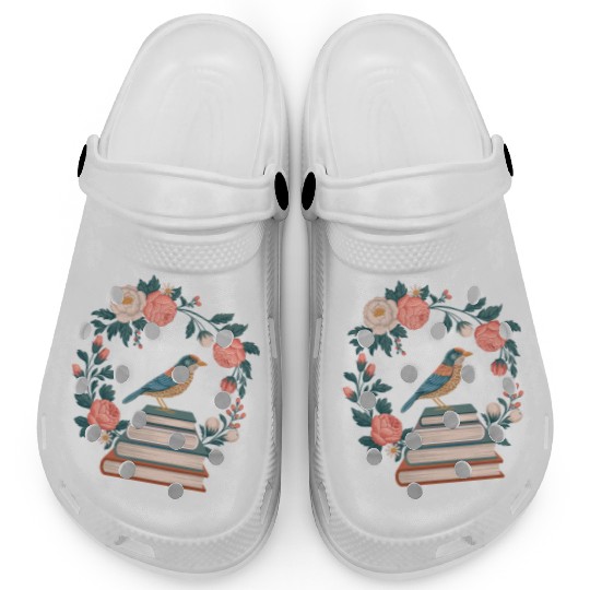 Cottagecore Bird on Books with Floral Wreath Clogs
