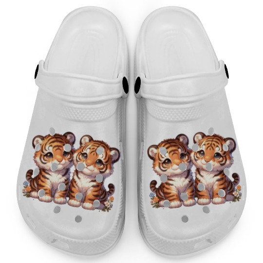 Adorable Twin Tiger Cubs Illustration with Flowers Clogs