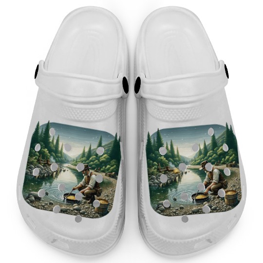 Gold Prospector by the River in a Serene Forest Clogs