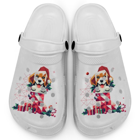 Santa Beagle in Colorful Christmas Stocking Clogs