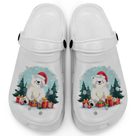 Adorable Polar Bear in Santa Hat Clogs