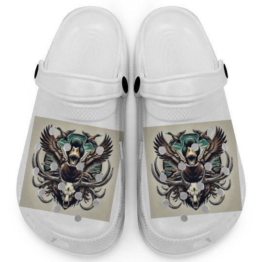 Mallard duck flying over deer skull in marsh Clogs