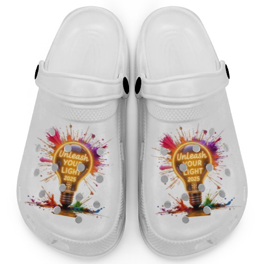 A large starburst glowing in neon light with 2025 Clogs