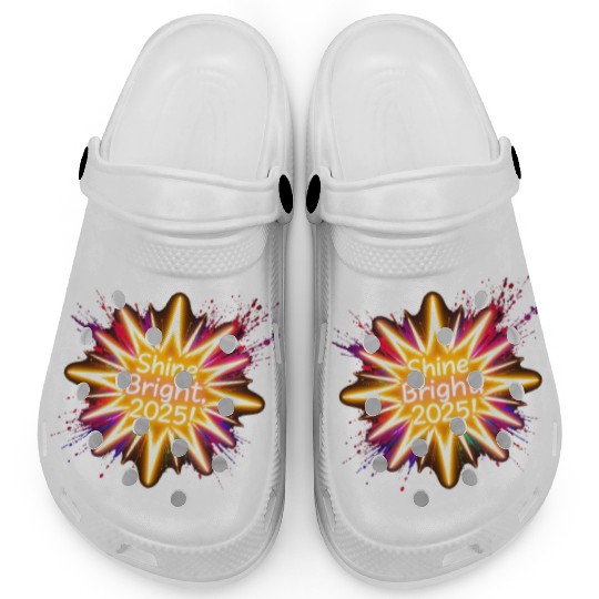 A large starburst glowing in neon light with 2025 Clogs