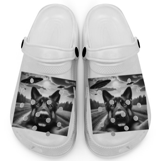 German2 Shepherd Funny GSP Selfie with UFOs Weird Clogs
