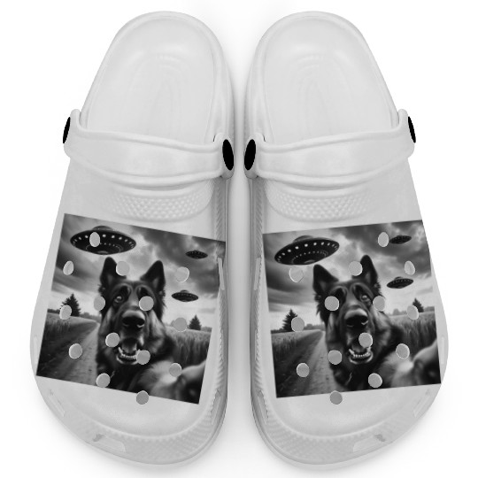 German Shepherd Funny GSP Selfie with UFOs Weird A Clogs