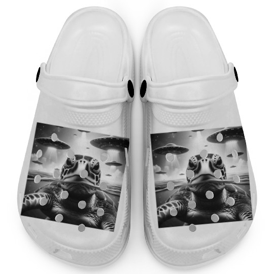 Sea Turtle Funny Graphic Selfie with UFOs Weird A Clogs