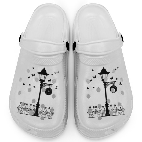 Street Lamp with Clock and Butterflies Silhouette Clogs