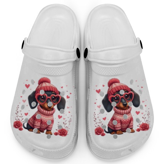 Cute Valentine Dachshund in Cozy Sweater Clogs