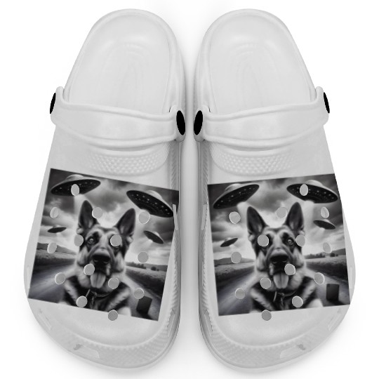 German shepherd Gsp Funny Graphic Selfie UFOs Weir Clogs