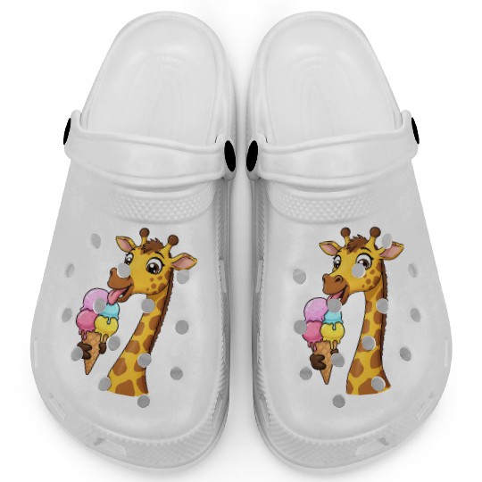 A giraffe licking a giant ice cream cone. Clogs