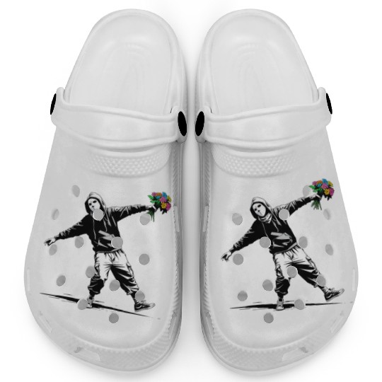 Banksy Protester Throwing Flowers Clogs