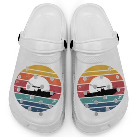 Sunset Boat Silhouette in Striped Retro Colors Clogs