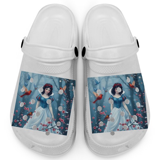 Snow White fantasy with birds. Clogs