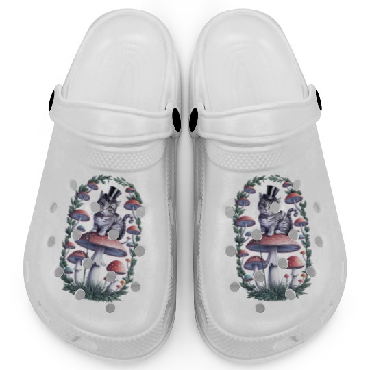 Gentleman cat hatter sitting on mushroom Clogs