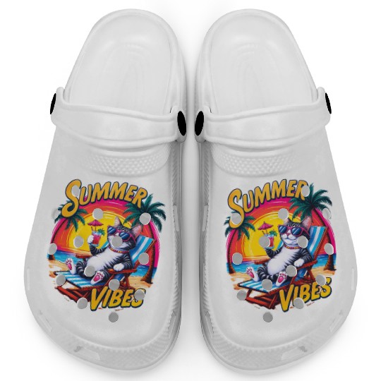 Summer Vibes Clogs, Relaxed Cat with Summer Text