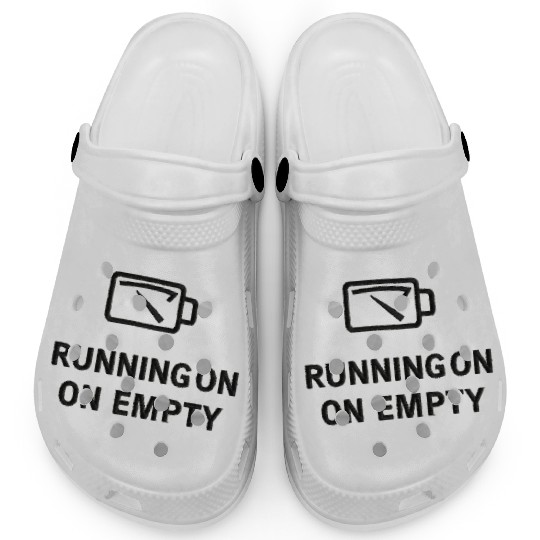RUNNING ON EMPTY – Black Thread on Beige Clogs