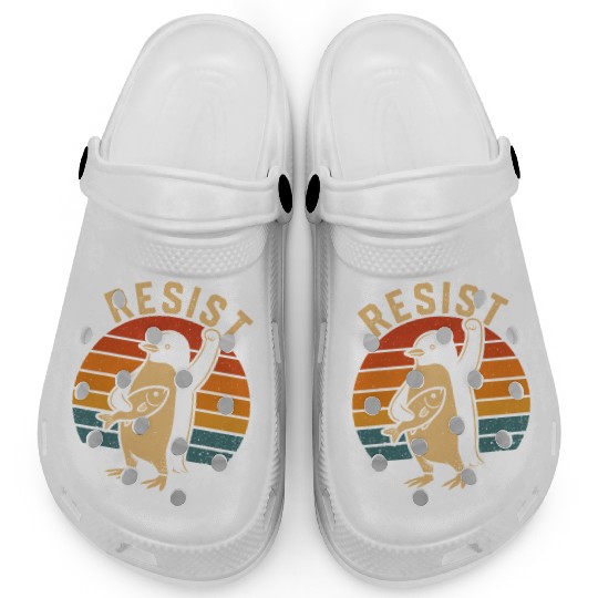 Funny Protest Against Tariffs Resist Penguin Clogs