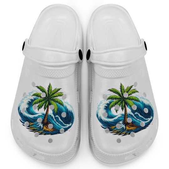 "Palm Serenity Amid Ocean Waves" Clogs