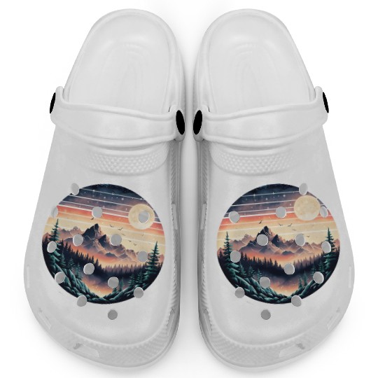 Retro 80s Gradient Sunset Mountain Sticker. Clogs
