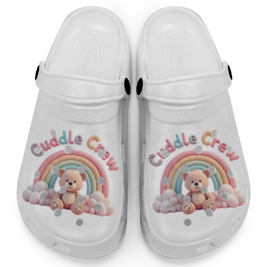 Soft teddy bear sitting under a rainbow Clogs