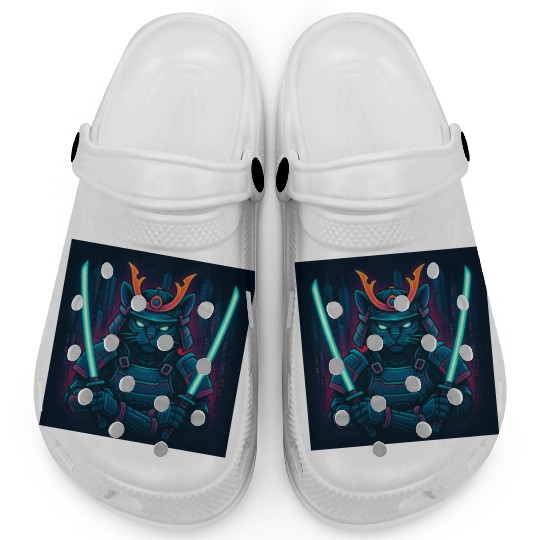 A futuristic samurai cat in neon armor with glo Clogs