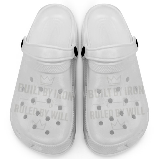 Built by iron gym motivation quote with white text Clogs