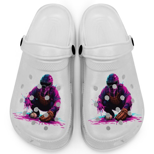 Neon Baseball Catcher Art Cool Vaporwave Sports Clogs