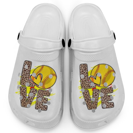 Leopard Print Love Softball Heart Neon Splash Clogs