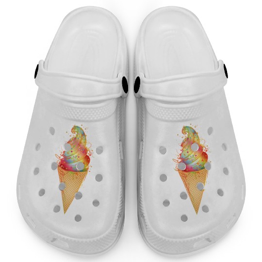 Artfully decorated ice cream in a waffle cone Clogs