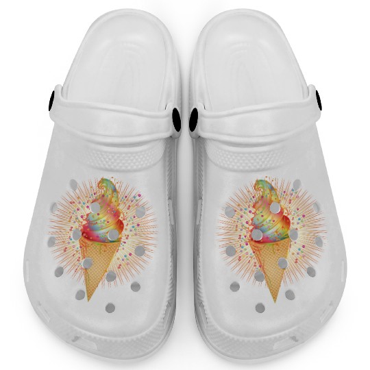 Artfully decorated ice cream in a waffle cone Clogs