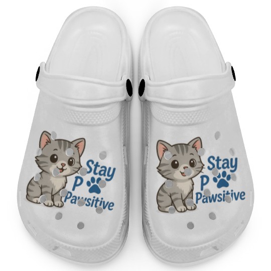 Stay Pawsitive Cat Motif Clogs